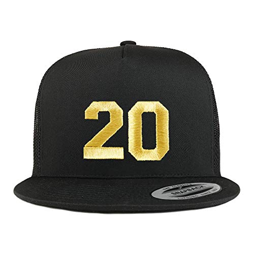 Trendy Apparel Shop Number 20 Gold Thread Embroidered Flat Bill 5 Panel Trucker Cap