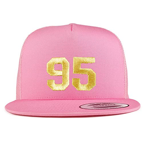 Trendy Apparel Shop Number 95 Gold Thread Embroidered Flat Bill 5 Panel Trucker Cap