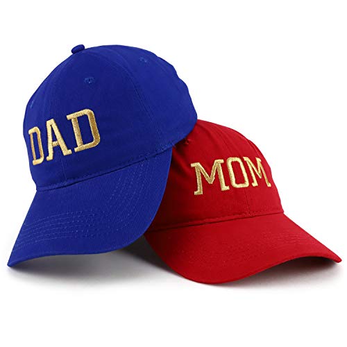 Trendy Apparel Shop Capital Gold Thread Mom and Dad Soft Cotton 2 Pc Cap Set