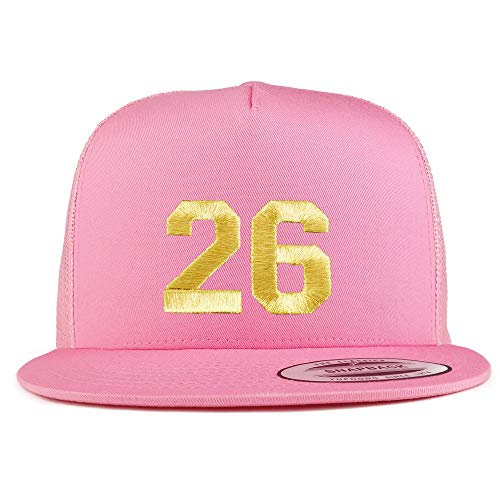 Trendy Apparel Shop Number 26 Gold Thread Embroidered Flat Bill 5 Panel Trucker Cap