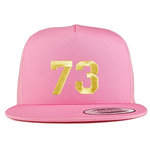 Trendy Apparel Shop Number 73 Gold Thread Embroidered Flat Bill 5 Panel Trucker Cap