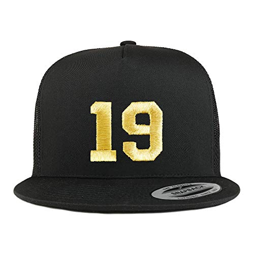 Trendy Apparel Shop Number 19 Gold Thread Embroidered Flat Bill 5 Panel Trucker Cap