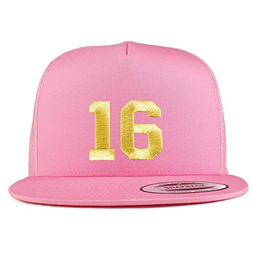 Trendy Apparel Shop Number 16 Gold Thread Embroidered Flat Bill 5 Panel Trucker Cap