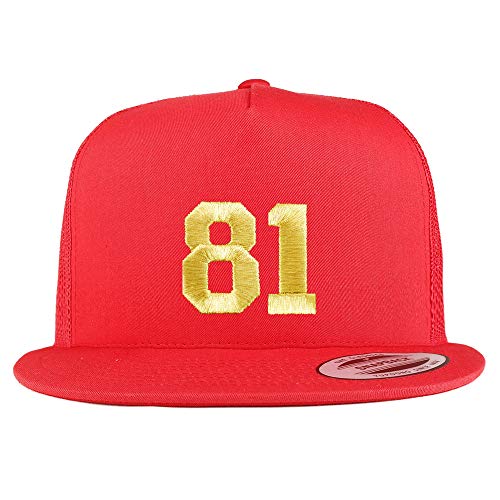 Trendy Apparel Shop Number 81 Gold Thread Embroidered Flat Bill 5 Panel Trucker Cap