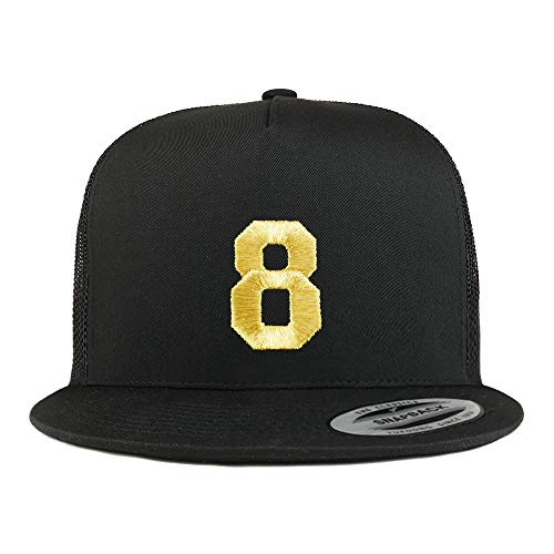 Trendy Apparel Shop Number 8 Gold Thread Embroidered Flat Bill 5 Panel Trucker Cap