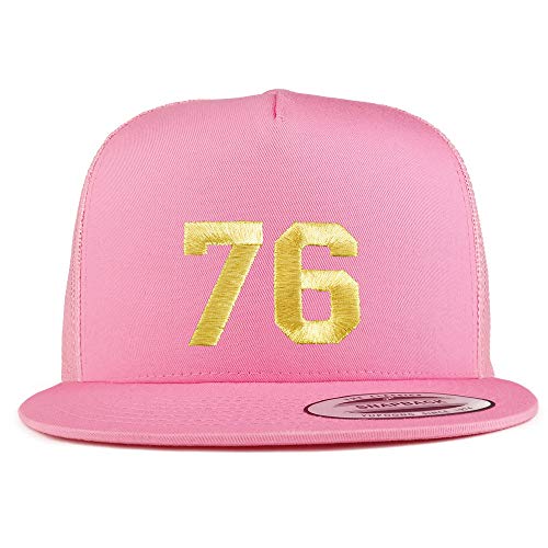 Trendy Apparel Shop Number 76 Gold Thread Embroidered Flat Bill 5 Panel Trucker Cap