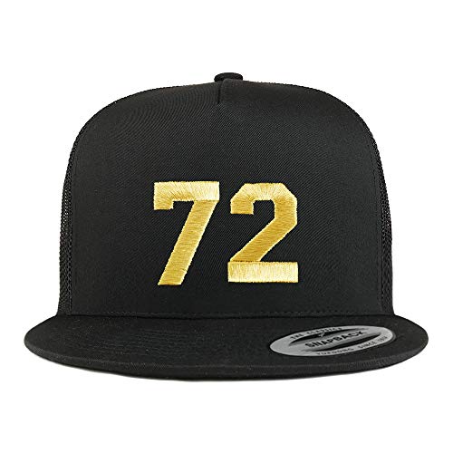 Trendy Apparel Shop Number 72 Gold Thread Embroidered Flat Bill 5 Panel Trucker Cap