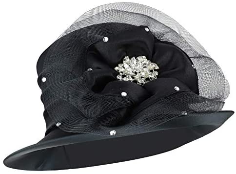 Trendy Apparel Shop Pearl Stone Brooch Satin Rosette Dress Church Hat