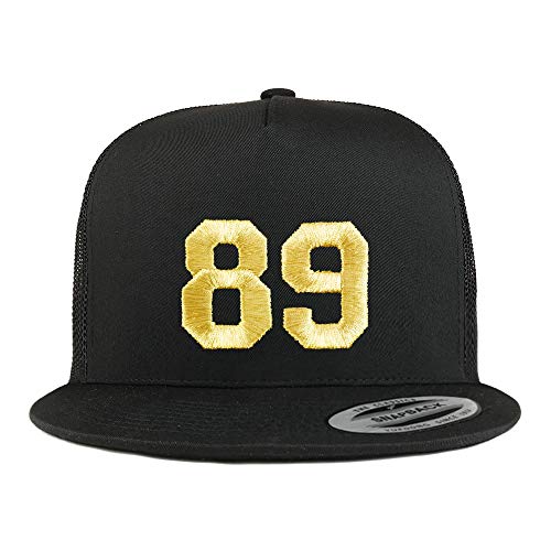 Trendy Apparel Shop Number 89 Gold Thread Embroidered Flat Bill 5 Panel Trucker Cap