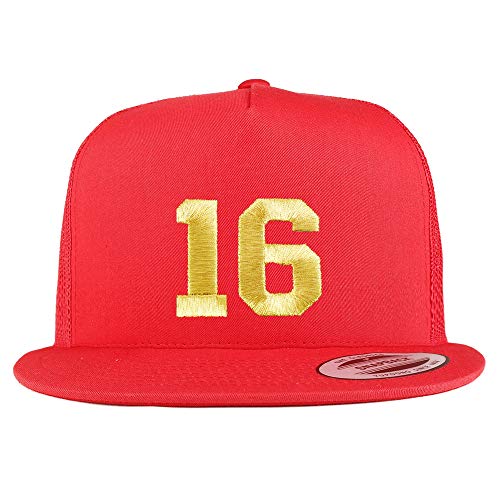 Trendy Apparel Shop Number 16 Gold Thread Embroidered Flat Bill 5 Panel Trucker Cap