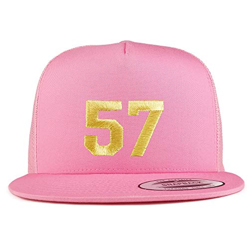 Trendy Apparel Shop Number 57 Gold Thread Embroidered Flat Bill 5 Panel Trucker Cap