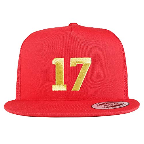 Trendy Apparel Shop Number 17 Gold Thread Embroidered Flat Bill 5 Panel Trucker Cap