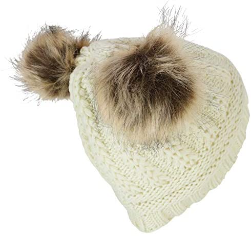 Trendy Apparel Shop Kid's Youth Size Girls Cable Knit Fur Pom Ears Beanie Hat