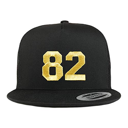 Trendy Apparel Shop Number 82 Gold Thread Embroidered Flat Bill 5 Panel Trucker Cap