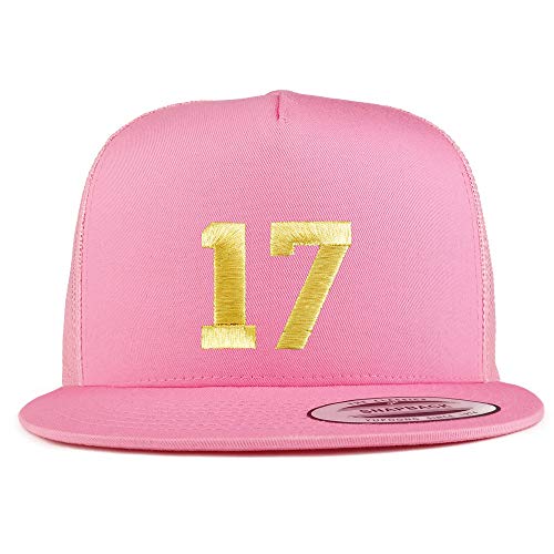 Trendy Apparel Shop Number 17 Gold Thread Embroidered Flat Bill 5 Panel Trucker Cap