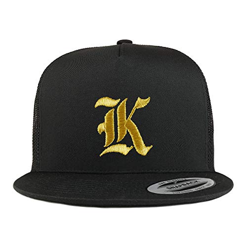 Trendy Apparel Shop Old English Gold K Embroidered 5 Panel Flatbill Trucker Mesh Cap