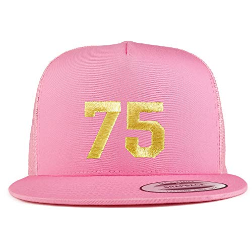 Trendy Apparel Shop Number 75 Gold Thread Embroidered Flat Bill 5 Panel Trucker Cap