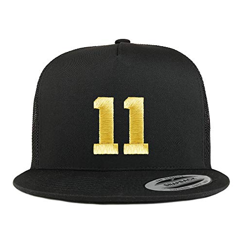 Trendy Apparel Shop Number 11 Gold Thread Embroidered Flat Bill 5 Panel Trucker Cap