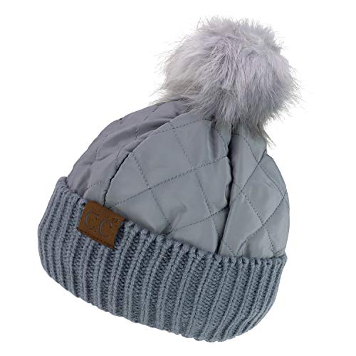 Trendy Apparel Shop Fur Pom Quilted Puffer Knit Cuff Beanie Hat