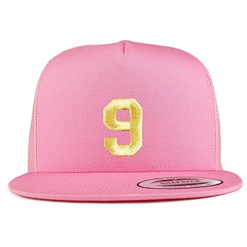 Trendy Apparel Shop Number 9 Gold Thread Embroidered Flat Bill 5 Panel Trucker Cap