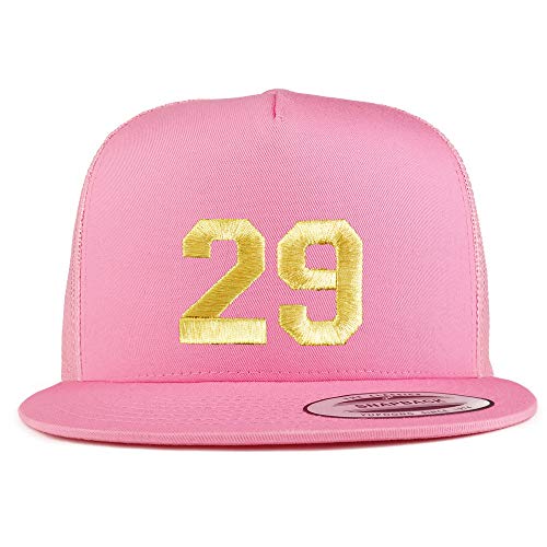 Trendy Apparel Shop Number 29 Gold Thread Embroidered Flat Bill 5 Panel Trucker Cap