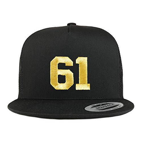 Trendy Apparel Shop Number 61 Gold Thread Embroidered Flat Bill 5 Panel Trucker Cap