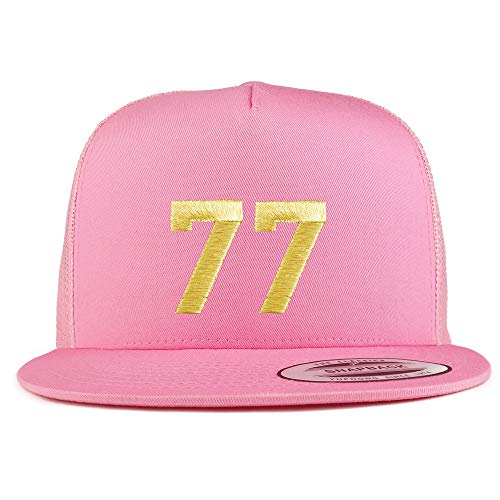 Trendy Apparel Shop Number 77 Gold Thread Embroidered Flat Bill 5 Panel Trucker Cap