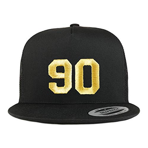 Trendy Apparel Shop Number 90 Gold Thread Embroidered Flat Bill 5 Panel Trucker Cap