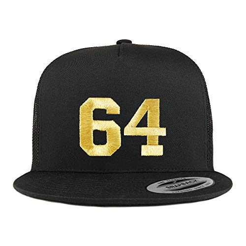 Trendy Apparel Shop Number 64 Gold Thread Embroidered Flat Bill 5 Panel Trucker Cap