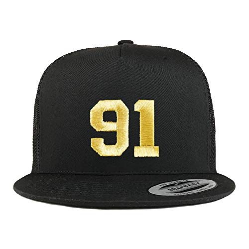 Trendy Apparel Shop Number 91 Gold Thread Embroidered Flat Bill 5 Panel Trucker Cap