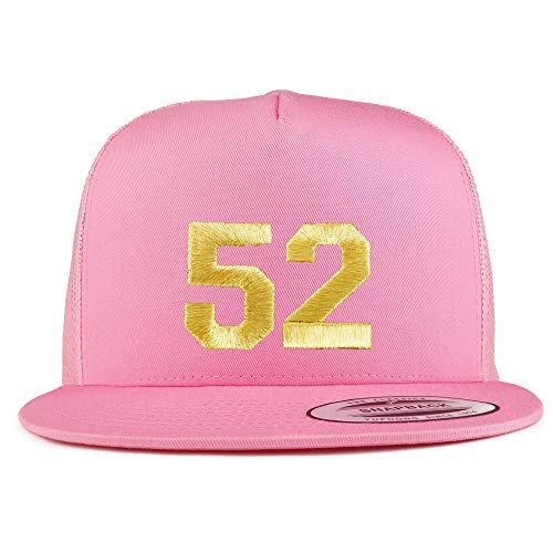 Trendy Apparel Shop Number 52 Gold Thread Embroidered Flat Bill 5 Panel Trucker Cap