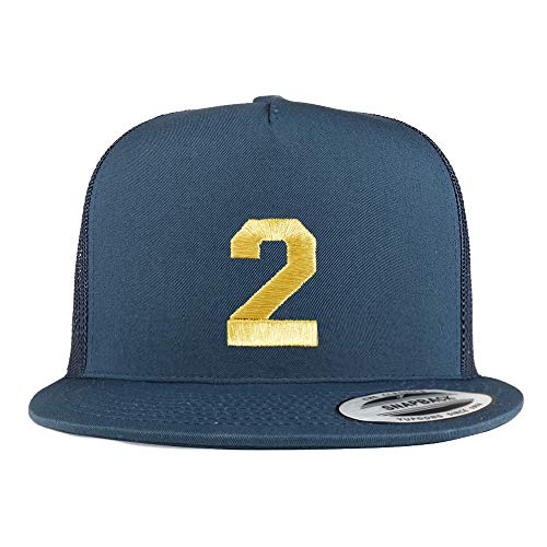 Trendy Apparel Shop Number 2 Gold Thread Embroidered Flat Bill 5 Panel Trucker Cap