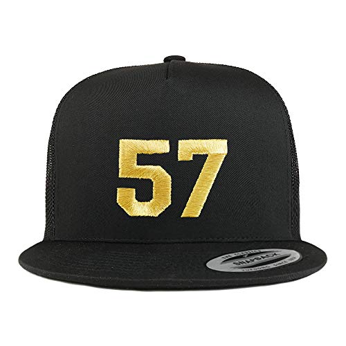 Trendy Apparel Shop Number 57 Gold Thread Embroidered Flat Bill 5 Panel Trucker Cap