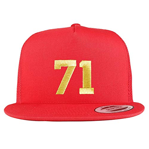 Trendy Apparel Shop Number 71 Gold Thread Embroidered Flat Bill 5 Panel Trucker Cap