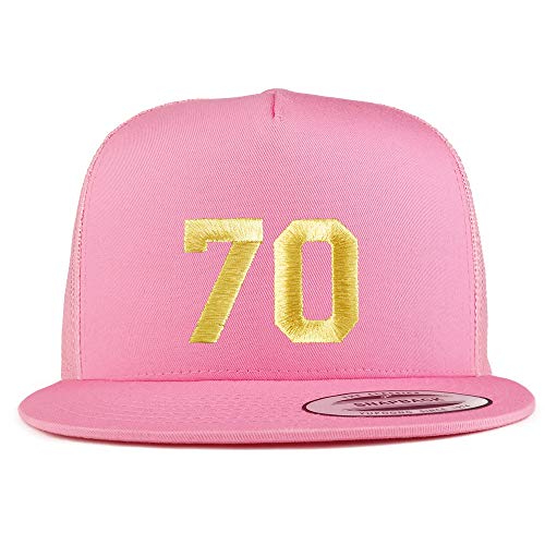 Trendy Apparel Shop Number 70 Gold Thread Embroidered Flat Bill 5 Panel Trucker Cap