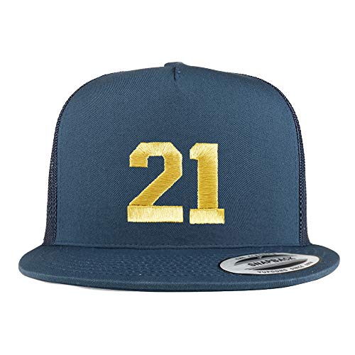 Trendy Apparel Shop Number 21 Gold Thread Embroidered Flat Bill 5 Panel Trucker Cap