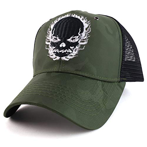 Trendy Apparel Shop Flame Skull Trucker Nyon Camo Trucker Mesh Baseball Cap