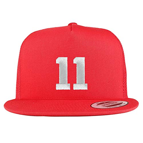 Trendy Apparel Shop Number 11 White Thread Embroidered Flat Bill 5 Panel Trucker Cap