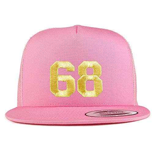 Trendy Apparel Shop Number 68 Gold Thread Embroidered Flat Bill 5 Panel Trucker Cap