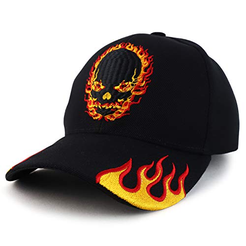 Trendy Apparel Shop Fire Skull Embroidered Flame Bill Structured Baseball Cap