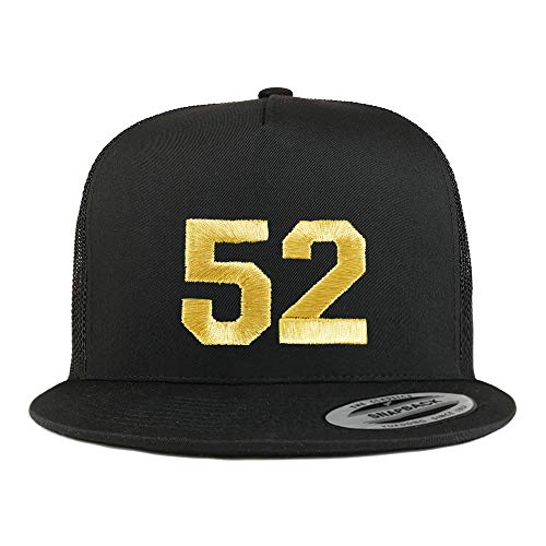 Trendy Apparel Shop Number 52 Gold Thread Embroidered Flat Bill 5 Panel Trucker Cap