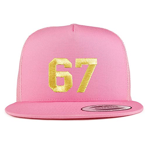 Trendy Apparel Shop Number 67 Gold Thread Embroidered Flat Bill 5 Panel Trucker Cap