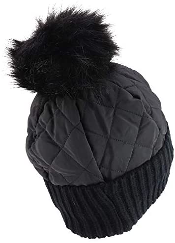 Trendy Apparel Shop Fur Pom Quilted Puffer Knit Cuff Beanie Hat