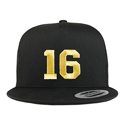 Trendy Apparel Shop Number 16 Gold Thread Embroidered Flat Bill 5 Panel Trucker Cap