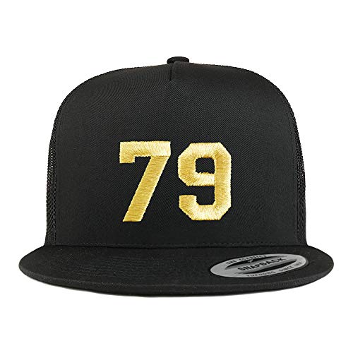 Trendy Apparel Shop Number 79 Gold Thread Embroidered Flat Bill 5 Panel Trucker Cap