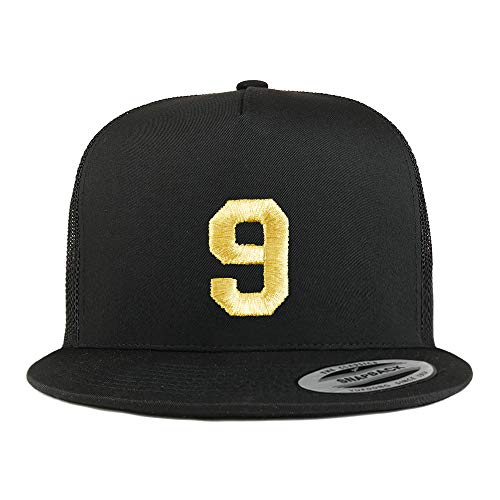 Trendy Apparel Shop Number 9 Gold Thread Embroidered Flat Bill 5 Panel Trucker Cap