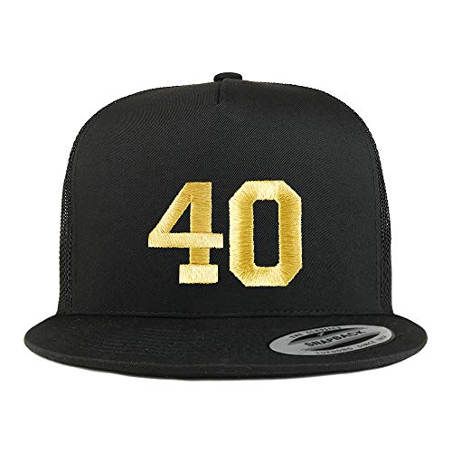 Trendy Apparel Shop Number 40 Gold Thread Embroidered Flat Bill 5 Panel Trucker Cap