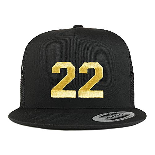 Trendy Apparel Shop Number 22 Gold Thread Embroidered Flat Bill 5 Panel Trucker Cap