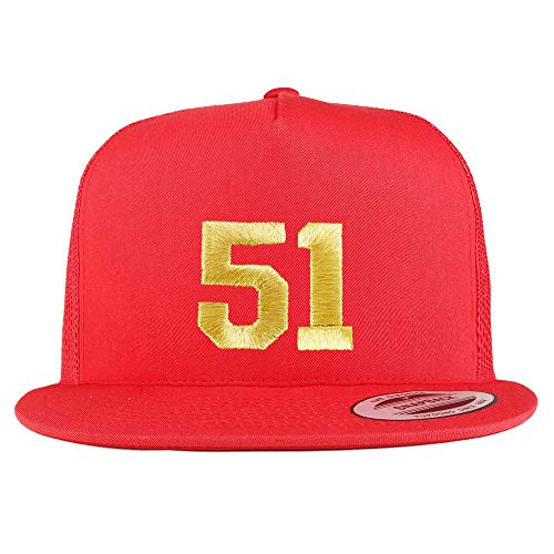 Trendy Apparel Shop Number 51 Gold Thread Embroidered Flat Bill 5 Panel Trucker Cap