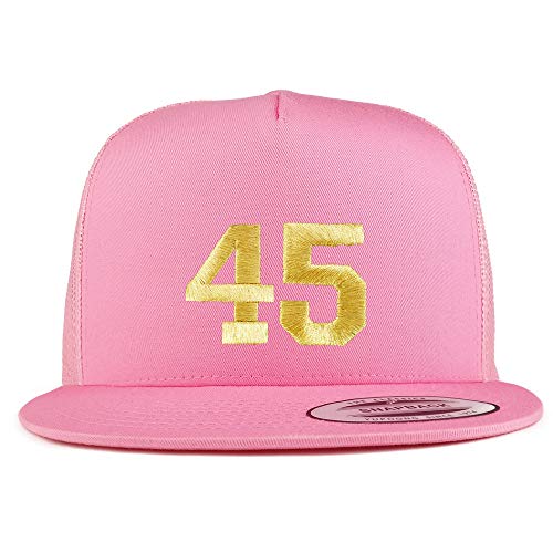 Trendy Apparel Shop Number 45 Gold Thread Embroidered Flat Bill 5 Panel Trucker Cap